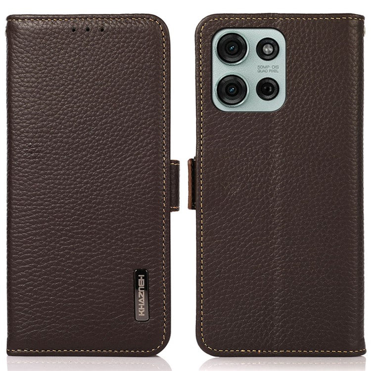 KHAZNEH For Motorola Moto G75 5G Phone Case Genuine Cow Leather Cover RFID Blocking - Brown