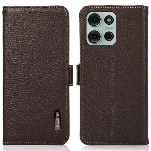 KHAZNEH For Motorola Moto G75 5G Phone Case Genuine Cow Leather Cover RFID Blocking - Brown