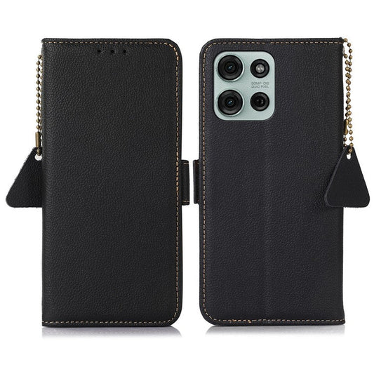 TJ For Motorola Moto G75 5G Case RFID Blocking Genuine Cow Leather Phone Cover - Black