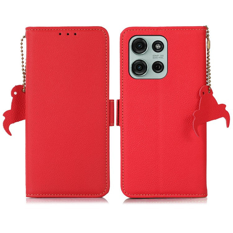 TJ For Motorola Moto G75 5G Case RFID Blocking Genuine Cow Leather Phone Cover - Red