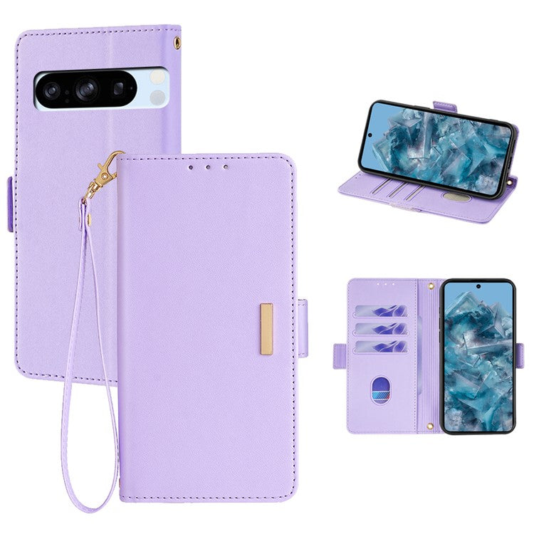 For Google Pixel 8 Pro Leather Wallet Case RFID Blocking Stand Cover with Hand Strap - Purple