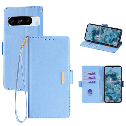 For Google Pixel 8 Pro Leather Wallet Case RFID Blocking Stand Cover with Hand Strap - Blue