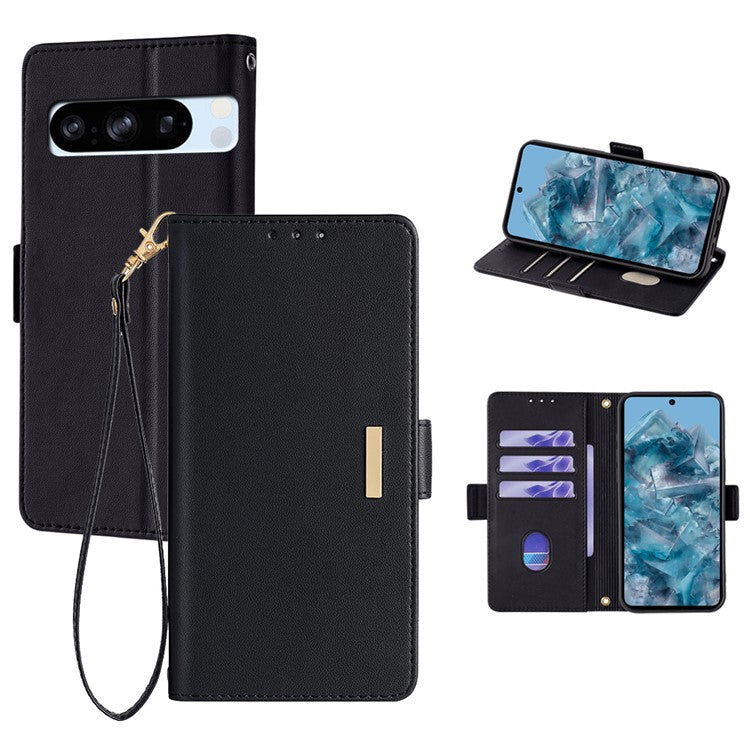 For Google Pixel 8 Pro Leather Wallet Case RFID Blocking Stand Cover with Hand Strap - Black