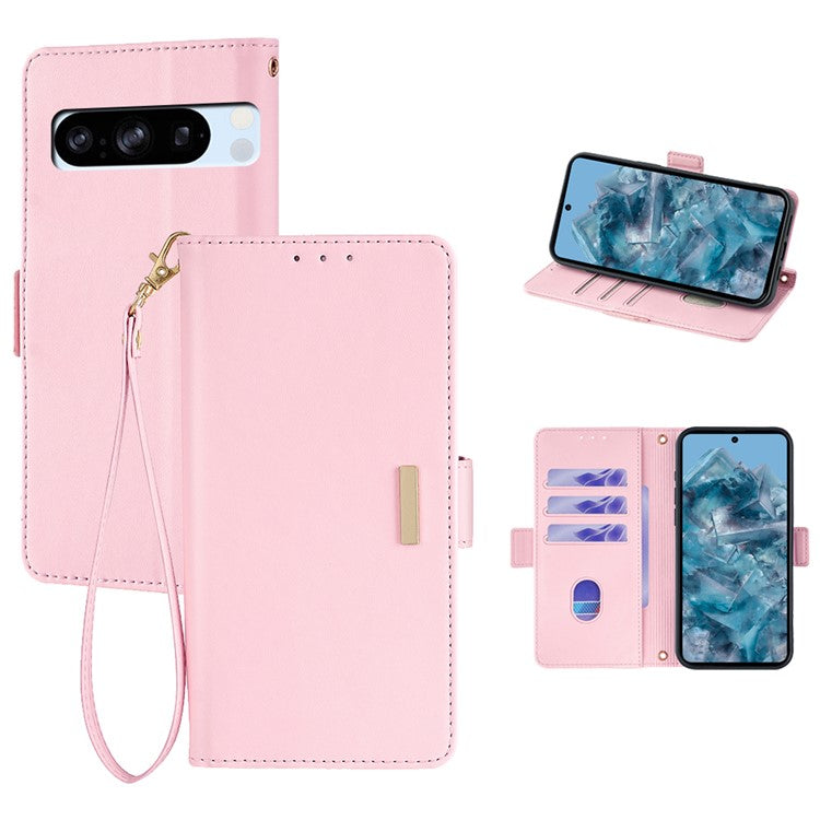 For Google Pixel 8 Pro Leather Wallet Case RFID Blocking Stand Cover with Hand Strap - Pink