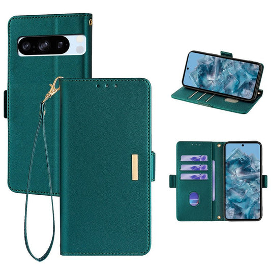 For Google Pixel 8 Pro Leather Wallet Case RFID Blocking Stand Cover with Hand Strap - Green