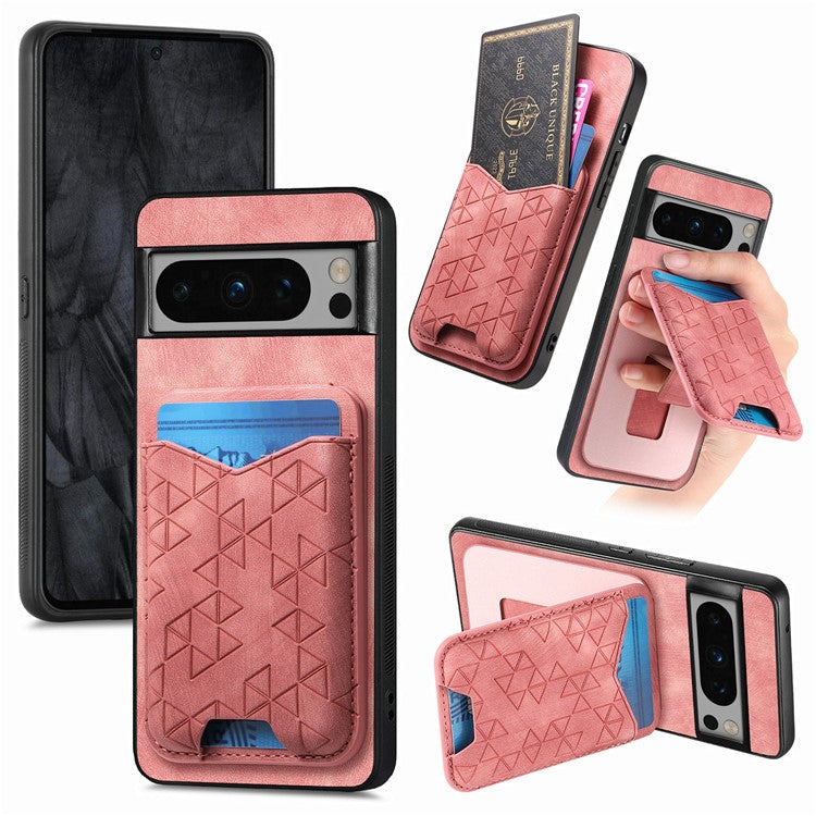 For Google Pixel 8 Pro Case Imprinted Pattern Card Holder Kickstand Leather Back Cover - Pink