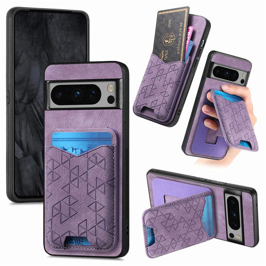 For Google Pixel 8 Pro Case Imprinted Pattern Card Holder Kickstand Leather Back Cover - Purple