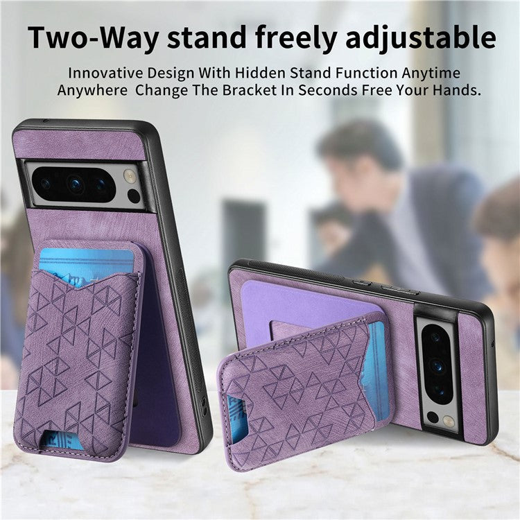 For Google Pixel 8 Pro Case Imprinted Pattern Card Holder Kickstand Leather Back Cover - Purple