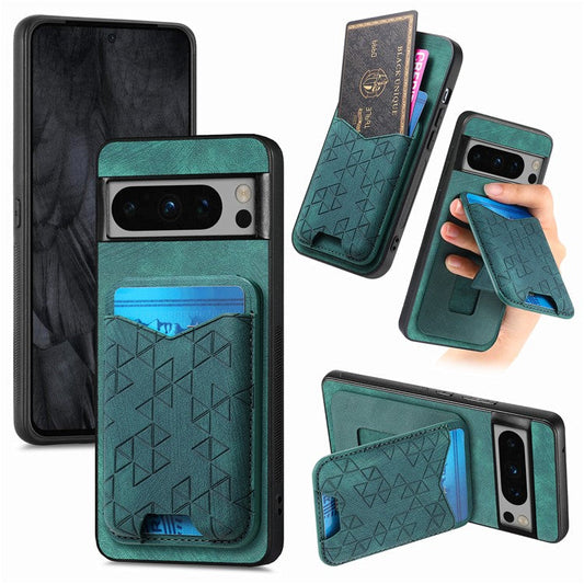 For Google Pixel 8 Pro Case Imprinted Pattern Card Holder Kickstand Leather Back Cover - Green
