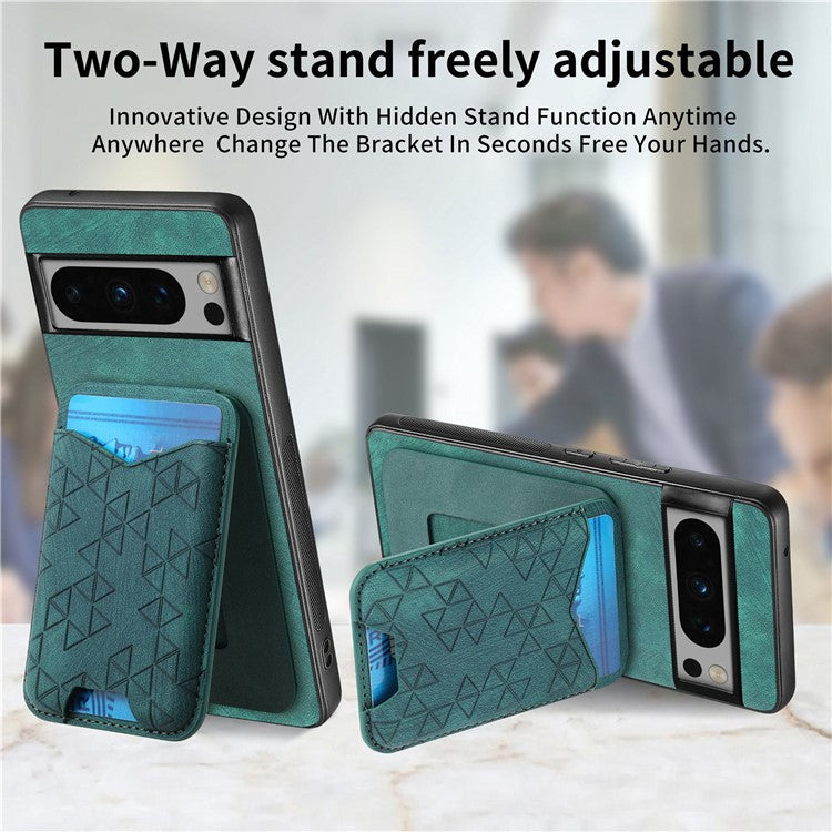 For Google Pixel 8 Pro Case Imprinted Pattern Card Holder Kickstand Leather Back Cover - Green