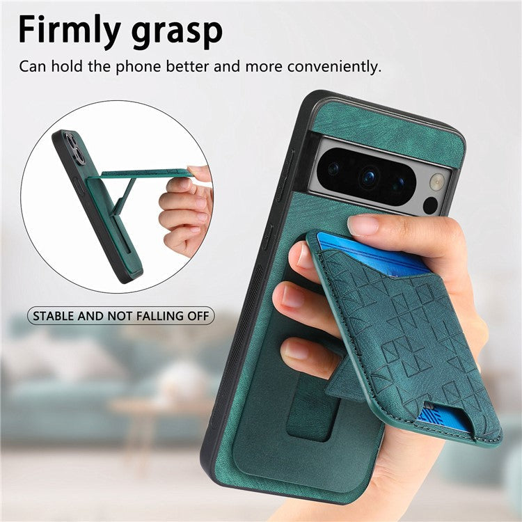 For Google Pixel 8 Pro Case Imprinted Pattern Card Holder Kickstand Leather Back Cover - Green