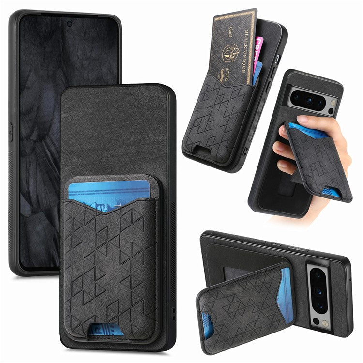For Google Pixel 8 Pro Case Imprinted Pattern Card Holder Kickstand Leather Back Cover - Black