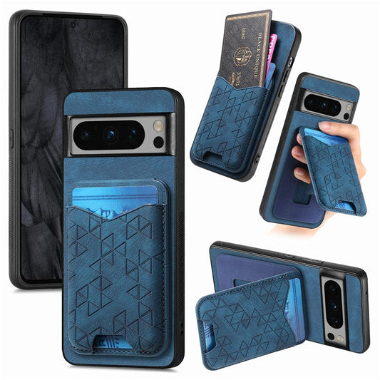 For Google Pixel 8 Pro Case Imprinted Pattern Card Holder Kickstand Leather Back Cover - Blue