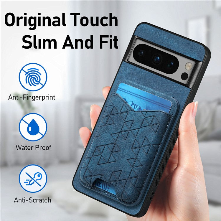 For Google Pixel 8 Pro Case Imprinted Pattern Card Holder Kickstand Leather Back Cover - Blue