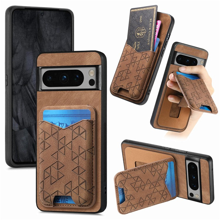 For Google Pixel 8 Pro Case Imprinted Pattern Card Holder Kickstand Leather Back Cover - Brown