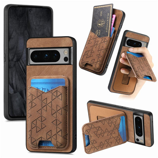 For Google Pixel 8 Pro Case Imprinted Pattern Card Holder Kickstand Leather Back Cover - Brown