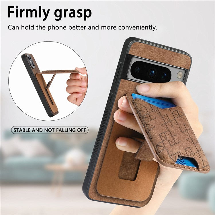 For Google Pixel 8 Pro Case Imprinted Pattern Card Holder Kickstand Leather Back Cover - Brown
