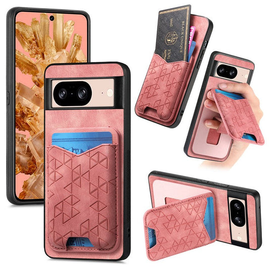 For Google Pixel 8 Case Imprinted Pattern Card Holder Kickstand Leather Back Cover - Pink