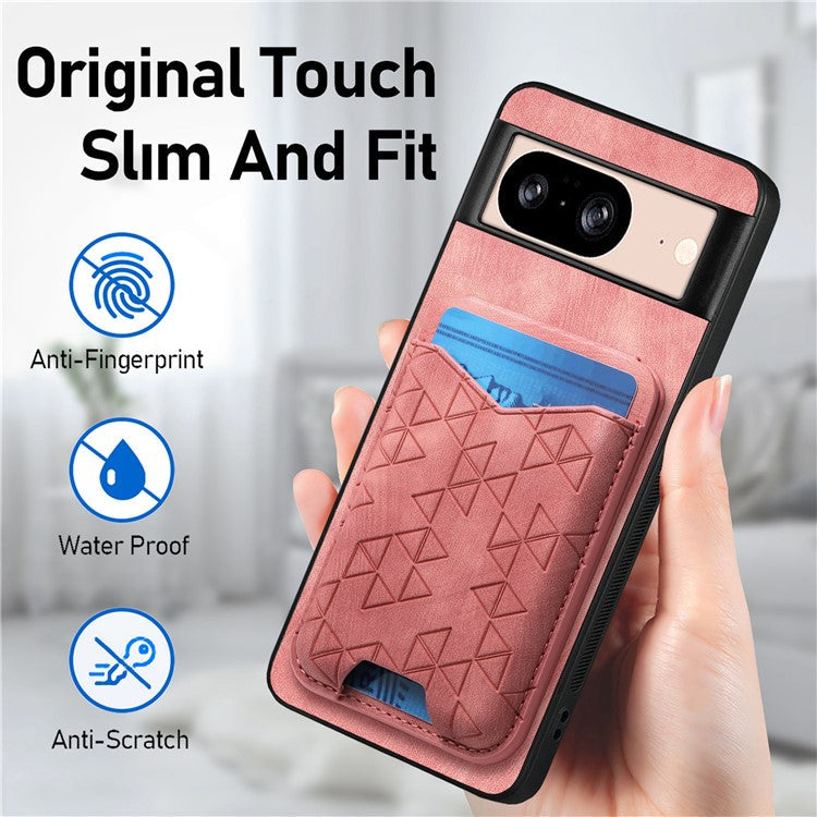 For Google Pixel 8 Case Imprinted Pattern Card Holder Kickstand Leather Back Cover - Pink