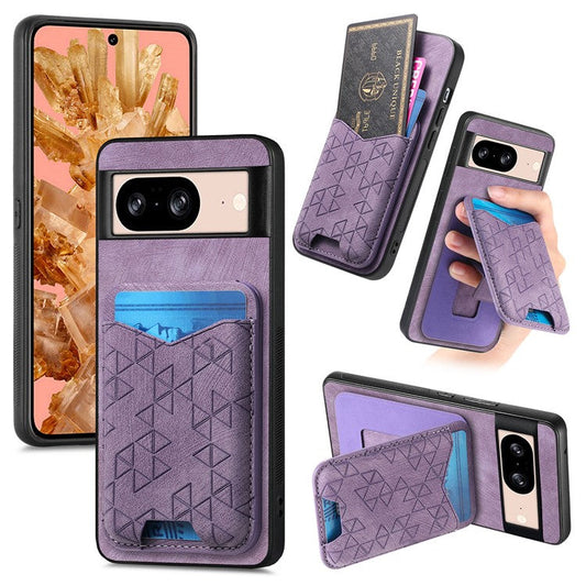 For Google Pixel 8 Case Imprinted Pattern Card Holder Kickstand Leather Back Cover - Purple