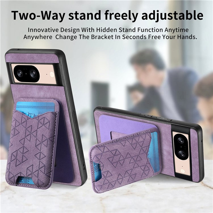 For Google Pixel 8 Case Imprinted Pattern Card Holder Kickstand Leather Back Cover - Purple