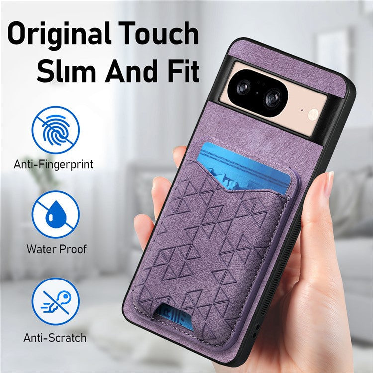 For Google Pixel 8 Case Imprinted Pattern Card Holder Kickstand Leather Back Cover - Purple
