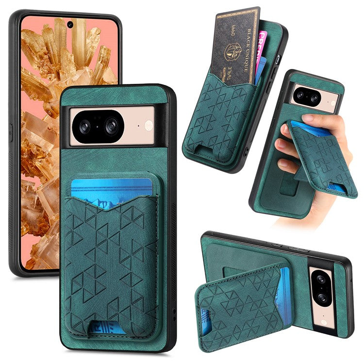 For Google Pixel 8 Case Imprinted Pattern Card Holder Kickstand Leather Back Cover - Green