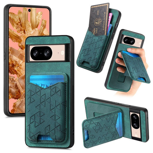 For Google Pixel 8 Case Imprinted Pattern Card Holder Kickstand Leather Back Cover - Green