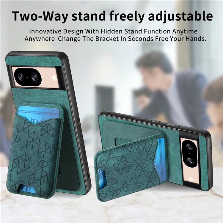 For Google Pixel 8 Case Imprinted Pattern Card Holder Kickstand Leather Back Cover - Green