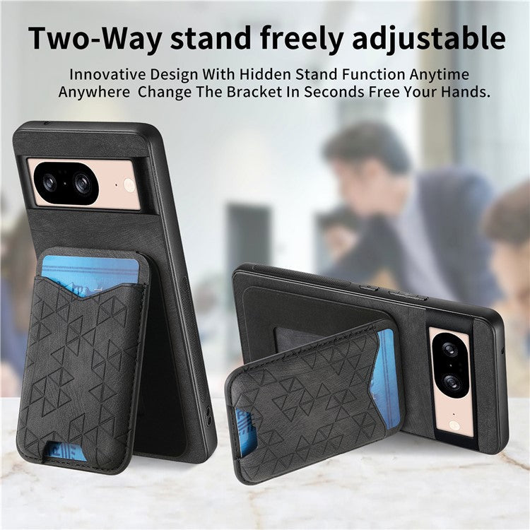 For Google Pixel 8 Case Imprinted Pattern Card Holder Kickstand Leather Back Cover - Black
