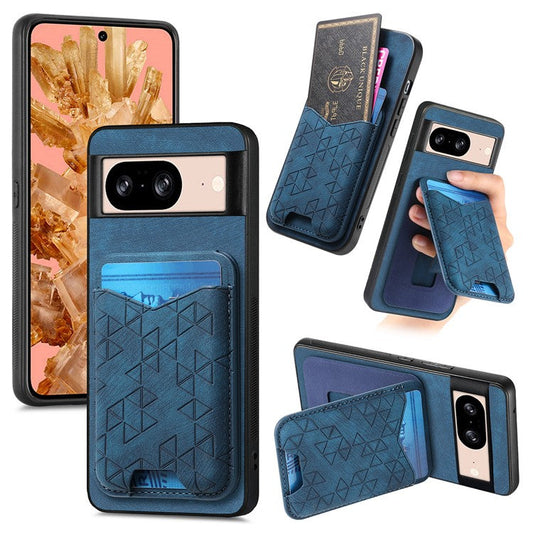 For Google Pixel 8 Case Imprinted Pattern Card Holder Kickstand Leather Back Cover - Blue