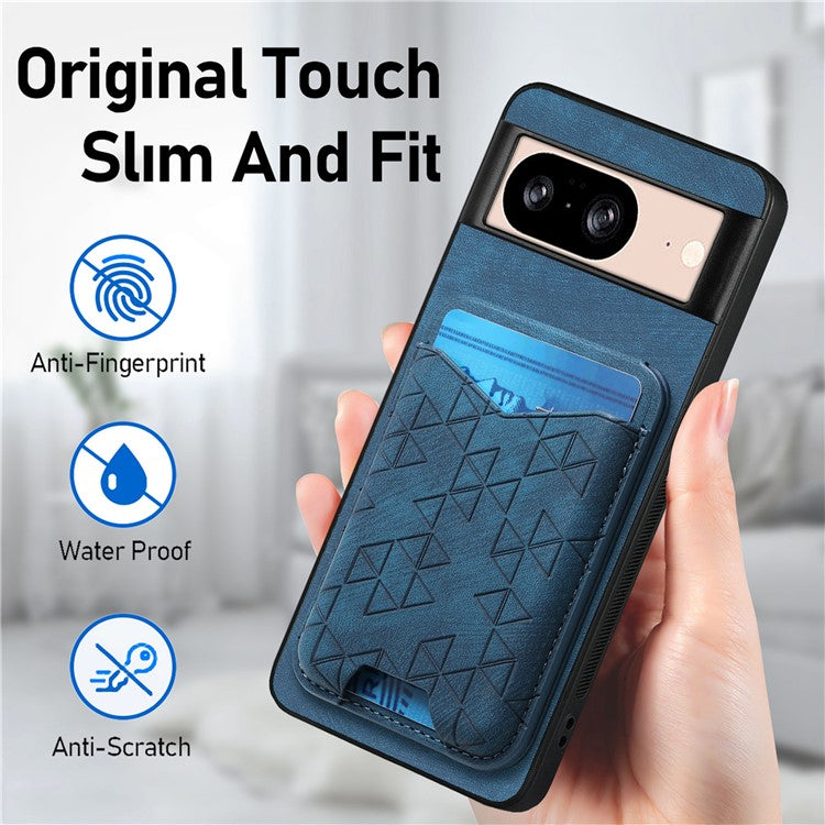 For Google Pixel 8 Case Imprinted Pattern Card Holder Kickstand Leather Back Cover - Blue