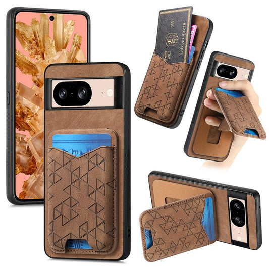 For Google Pixel 8 Case Imprinted Pattern Card Holder Kickstand Leather Back Cover - Brown