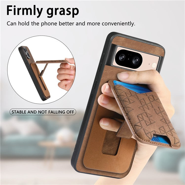 For Google Pixel 8 Case Imprinted Pattern Card Holder Kickstand Leather Back Cover - Brown