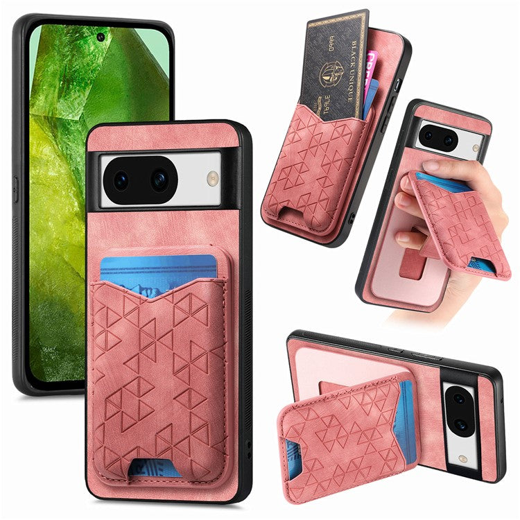 For Google Pixel 8a Case Imprinted Pattern Card Holder Kickstand Leather Back Cover - Pink