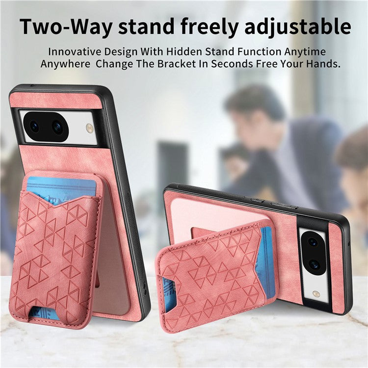 For Google Pixel 8a Case Imprinted Pattern Card Holder Kickstand Leather Back Cover - Pink