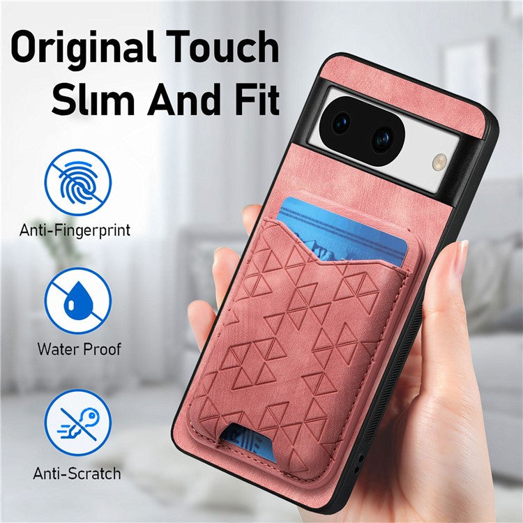 For Google Pixel 8a Case Imprinted Pattern Card Holder Kickstand Leather Back Cover - Pink