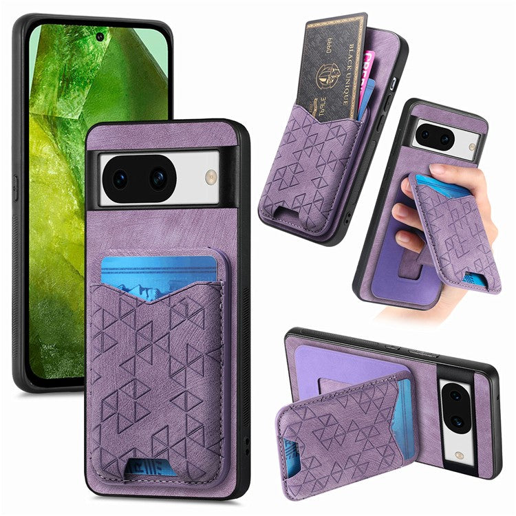 For Google Pixel 8a Case Imprinted Pattern Card Holder Kickstand Leather Back Cover - Purple