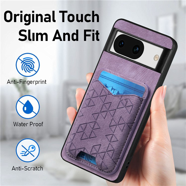 For Google Pixel 8a Case Imprinted Pattern Card Holder Kickstand Leather Back Cover - Purple
