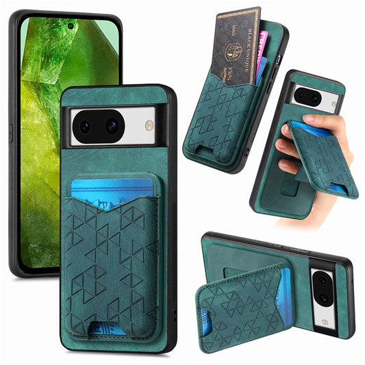For Google Pixel 8a Case Imprinted Pattern Card Holder Kickstand Leather Back Cover - Green
