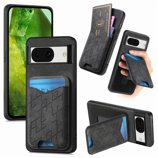 For Google Pixel 8a Case Imprinted Pattern Card Holder Kickstand Leather Back Cover - Black