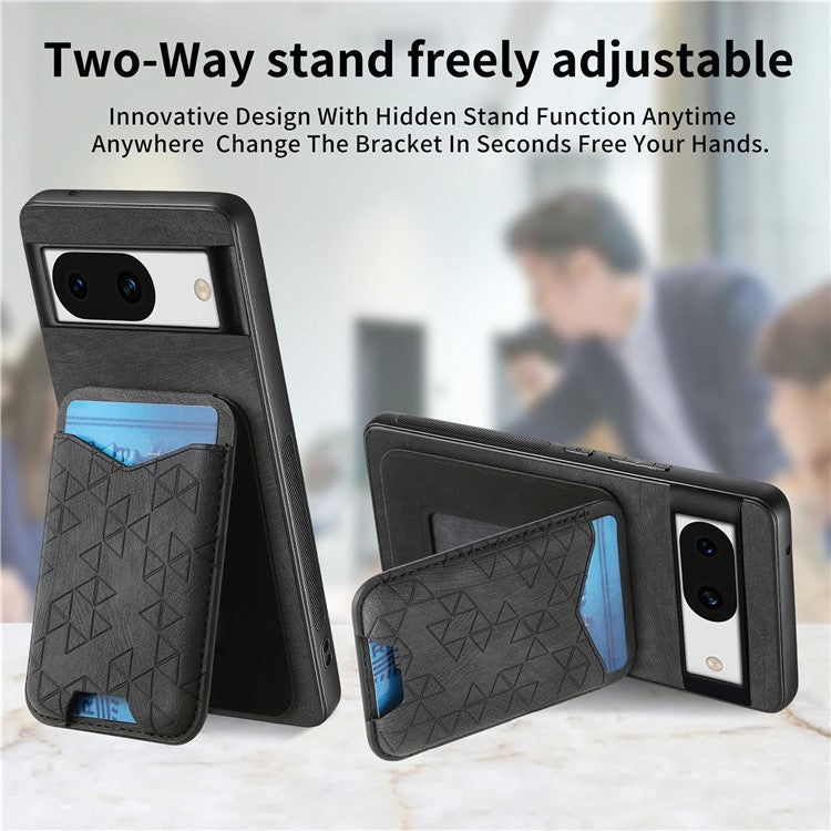 For Google Pixel 8a Case Imprinted Pattern Card Holder Kickstand Leather Back Cover - Black