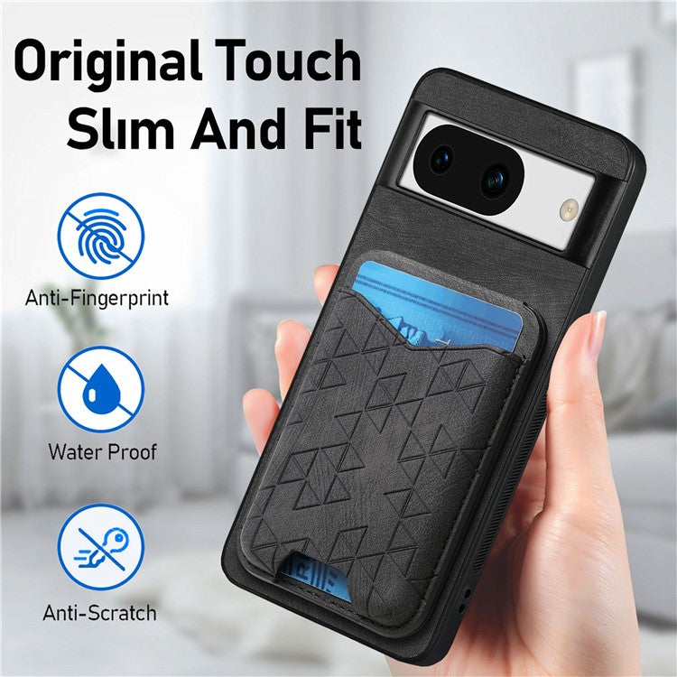 For Google Pixel 8a Case Imprinted Pattern Card Holder Kickstand Leather Back Cover - Black