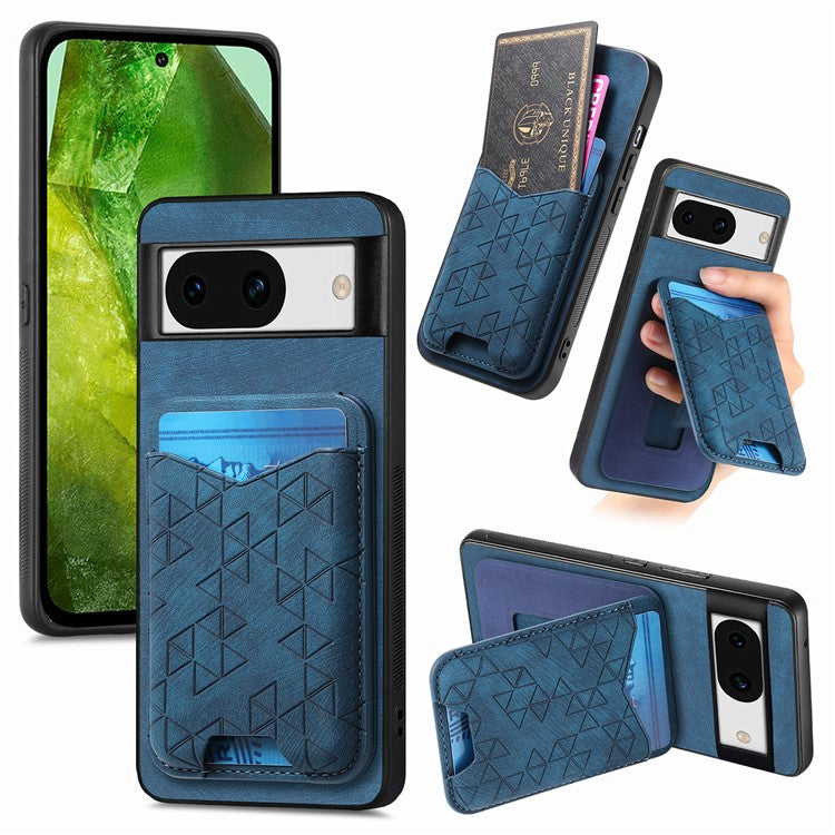 For Google Pixel 8a Case Imprinted Pattern Card Holder Kickstand Leather Back Cover - Blue
