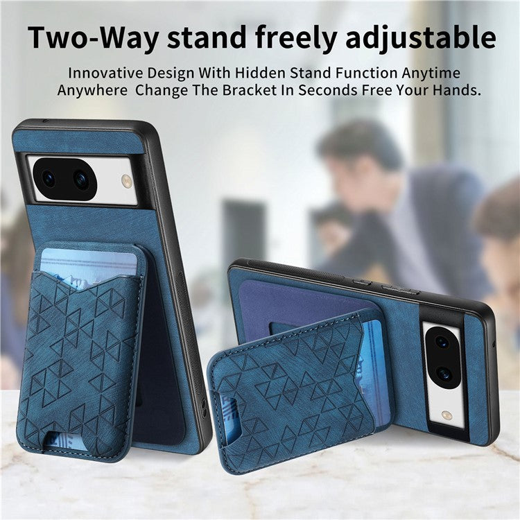 For Google Pixel 8a Case Imprinted Pattern Card Holder Kickstand Leather Back Cover - Blue