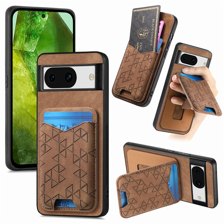 For Google Pixel 8a Case Imprinted Pattern Card Holder Kickstand Leather Back Cover - Brown
