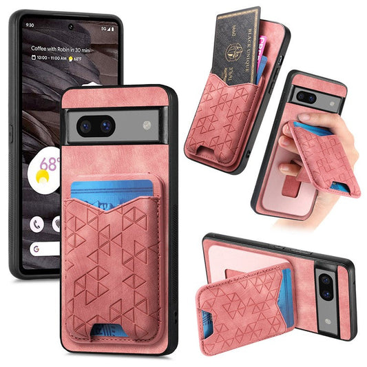 For Google Pixel 7a Case Imprinted Pattern Card Holder Kickstand Leather Back Cover - Pink