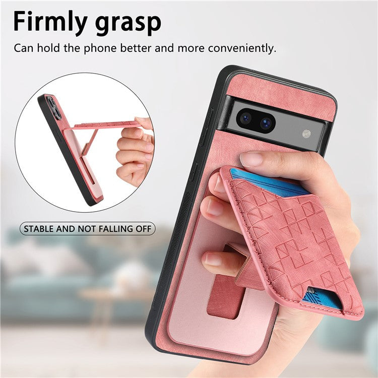 For Google Pixel 7a Case Imprinted Pattern Card Holder Kickstand Leather Back Cover - Pink