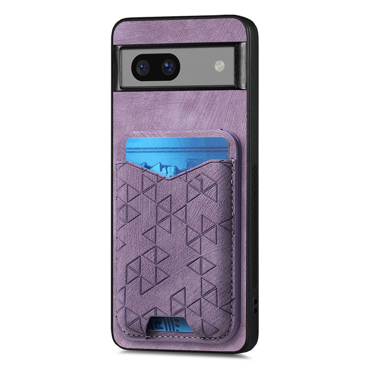 For Google Pixel 7a Case Imprinted Pattern Card Holder Kickstand Leather Back Cover - Purple