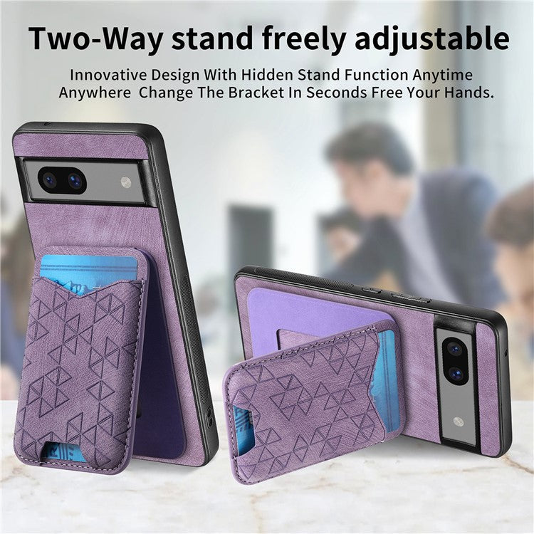 For Google Pixel 7a Case Imprinted Pattern Card Holder Kickstand Leather Back Cover - Purple